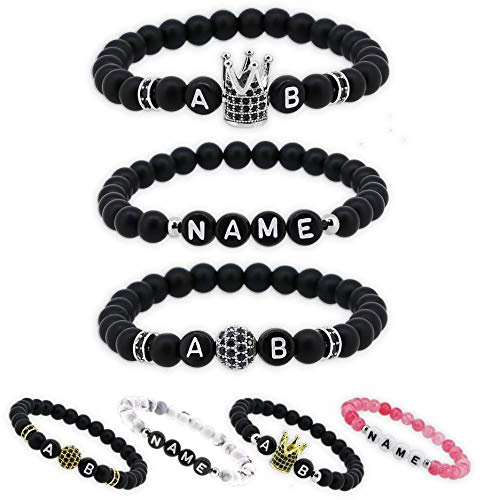 Personalisierte Pärchen Namensarmbänder | Partnerarmband couple Edelsteine Onyx, Howlith Cherry quartz 6mm | Perlenarmband Herz, Krone, Leopard, Löwe Freundschaftsarmband Buchstaben Armband (W20)