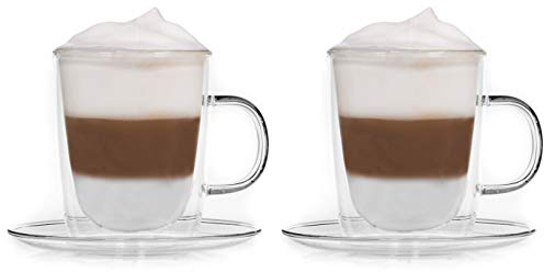 Snobby® Copas de té de doble pared (2 x 360 ml) con asa y posavasos, vasos de té de doble pared con asa, vasos de punzón, vasos térmicos, tazas de té de cristal Grog