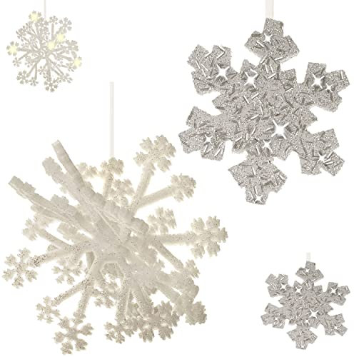 alles-meine.de GmbH 2 Stück große 3D Effekt - XL - Schneeflocken - Ø 25-30 cm - mit Glitzer & Glimmer - zum Aufhängen - Styropor - Deko Set - Winter Weihnachtsbaum hängend We..
