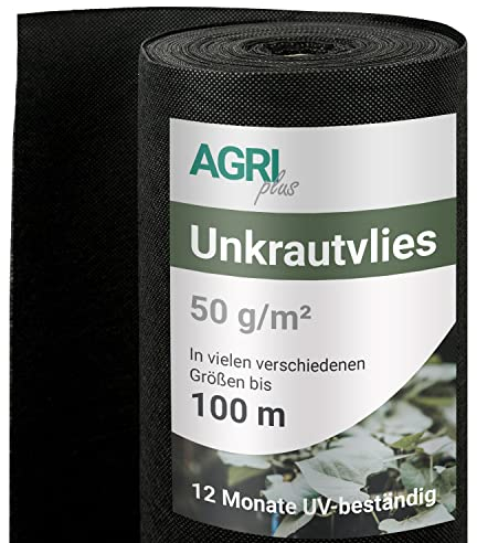AGRI plus Unkrautvlies I 1,6 x 25 m I Verschiedene Maße I Reißfestes 50 g/m² Polypropylen Vlies für den Außenbereich I Gartenvlies gegen Unkraut I Vlies wasserdurchlässig & UV-beständig