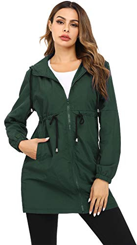 Doaraha Damen Regenmantel wasserdichte Regenjacke Colourblock Jacke Allwetterjacke Dünne Parka Softshelljacke Lang Übergangsmantel mit Kapuzen für Sport Outdoor, Dunkelgrün, S