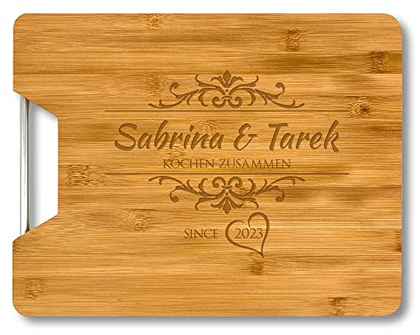 Saphir Design Schneidebrett mit Gravur Liebespaar Holz-Schneidebrett personalisiert | Küchenbrett mit Name Pärchen Geschenk | Bambus-Brett graviert ideal als Hochzeitsgeschenk oder Paar-Geschenk