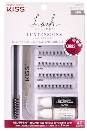 KISS Lash Couture LuXtensions Collection 3D DIY Faux Lash Extensions Kit, 40 Lash Clusters, Lash Adhesive, Precision Tweezer, Spoolie Mascara Wand, and Remover