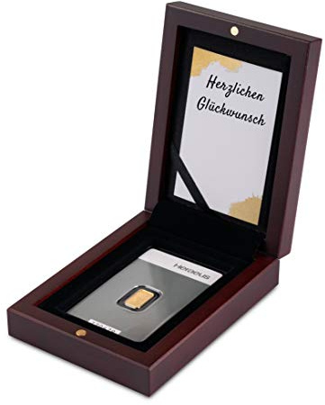 Goldbarren 1g Heraeus im edlen Geschenk-Etui mit Grußkarte - Mahagoni - Feingold 999,9 (1g Gold Glückwunsch)