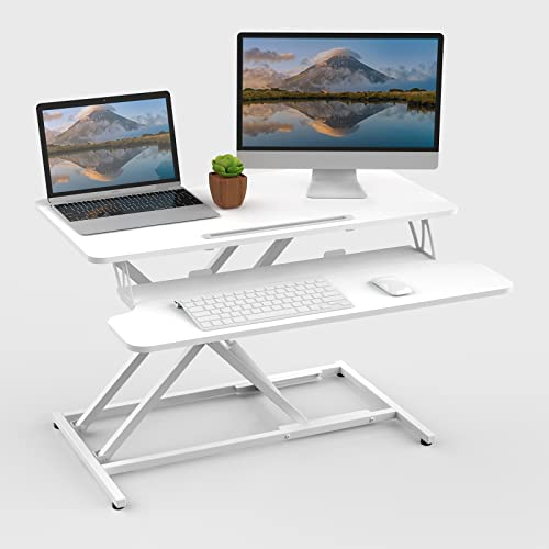 ERGOMAKER Steh-Sitz Schreibtischaufsatz Höhenverstellbar, Stehpult Aufsatz Schreibtisch 80 X 40CM Desktop Erhöhung mit Tastaturablage Für Zwei Monitore,Weiß