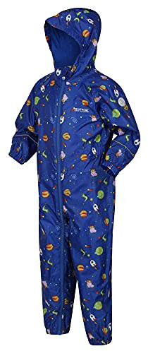 Regatta Kids All in 1s Waterproof Breathable Pobble Print Jumpsuit with Warm Lining and Reflective Strips