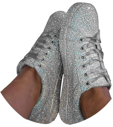 Minetom Sneakers Damen Pailletten Flache Low Sneaker Atmungsaktiv Glitzer Turnschuhe Outdoor Sportschuhe Laufschuhe Schuhe Schnürsenkel Walkingschuhe A Silber 38 EU