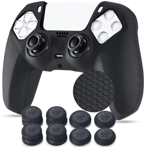 YoRHa Grip Texture Silicone Skin per PS5 Dualsense Controller x 1 (nero) con Pro Thumb Grips x 8