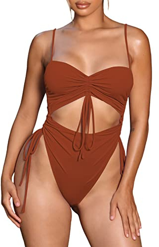 Viottiset Women's Cut Out Drawstring One Piece Swimsuit Cheeky High Cut Bathing Suit Coffee Medium ,Burnt Orange