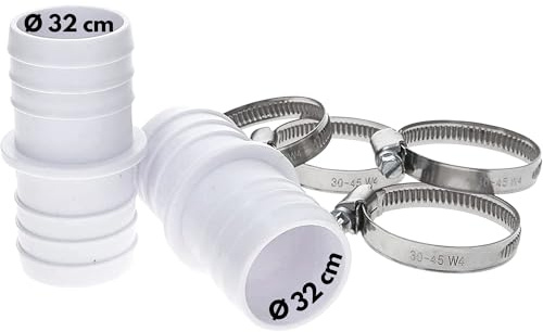 Amapool Schlauchtüllen Set I 2x 32mm Schlauchverbinder für Poolschlauch I 4x W4 Edelstahlschellen V2A ø 30-45mm I Pool Zubehör 6-teilig