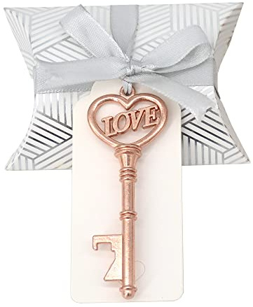 50 Stück Herz Form Vintage Schlüssel Flaschenöffner Hochzeit-Roségold | Skelett Schlüssel Flaschenöffner Set mit Kissenboxen und Etikett als Gastgeschenk für Hochzeit, Party und Souvenir