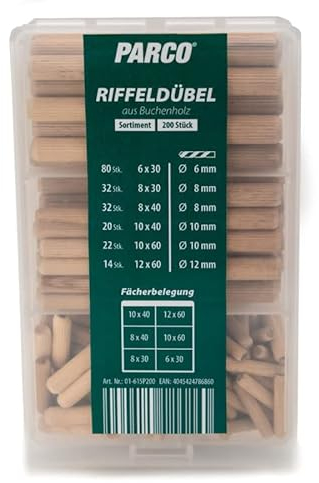 PARCO Chevilles ondulées, chevilles en bois, bouchons en bois, tiges de cheville, aiguilles en bois chanfreinées des deux côtés, assortiment de 200 pièces