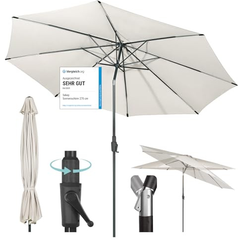 Sekey 350cm Sonnenschirm mit Kurbel und Auto Kippen,Marktschirm für Terrasse,Balkon & Garten,Windfest Stabil UPF 50+,Graubeige,Rund