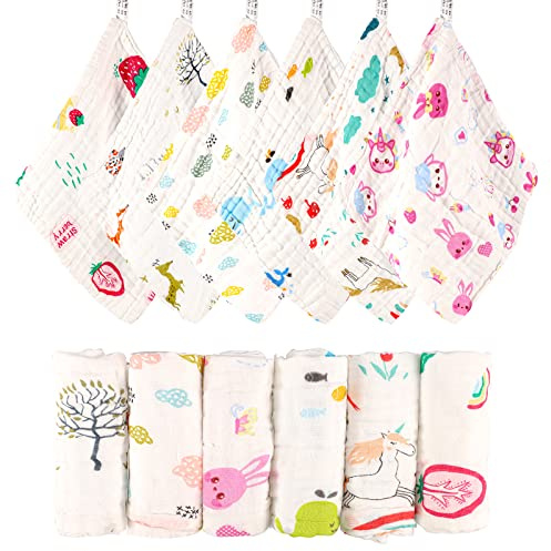 Lanjue 6 Pack Baby Washcloths Muslin for Girls, 12x12 Inch Muslin Cloths Baby Face Towel 6 Layers Soft Muslin Squares 100% Cotton Newborn Hand Washcloths Baby Face Cloths Bibs for Baby Girls, Pink