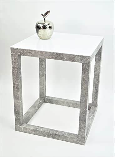 freeroom24, Beistelltisch, Wohnzimmertisch, Couchtisch, Coffee Table, Kleiner Kaffeetisch, Blumenhocker, Blumensäule, Cube, Betonoptik, Glas weiß, 30 x 30 x 30cm, Made in Germany