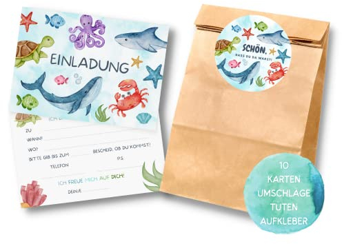 Essi's Stoff Boutique 10er-Set Unter-Wasser Einladungskarten und Mitgebseltüten - Meerestier Kindergeburtstag Set mit Goodie Bag