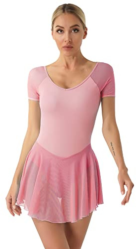 iEFiEL Damen Ballettkleid Kurzarm Ballettanzug Patchwork Ballettkleidung Basic Tanzkleid Rückenfrei Ballett Trikot Wickelrock Rosa XL
