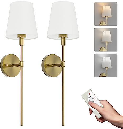Aipsun 2 PCS 5500mAh Lámpara de pared de la batería con pantalla de tela blanca, Regulable, Aplique de Pared Interior Sin Cable con mando a distancia, para dormitorio, cuarto de baño(Oro)