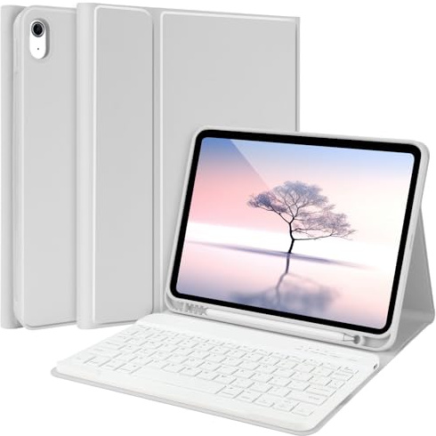 TQQ iPad 10th Gen Case with Keyboard (10.9, 2022) - Detachable Pencil Holder - Flip Stand Cover - Grey