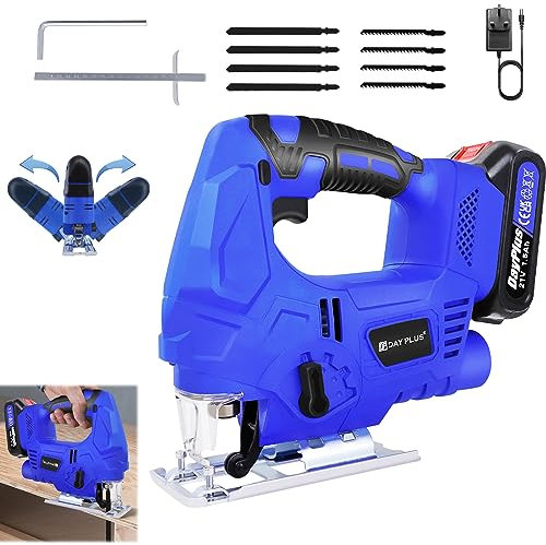 Jigsaw 21V Cordless Jigsaw, Battery Operated Saw with 4 Orbital Settings, 3000SPM, ±45° Bevel Cutting, Portable Power Electric Saw Tool with 8 Blades Bevel Cutting for Wood Metal PVC Pipe Cutting