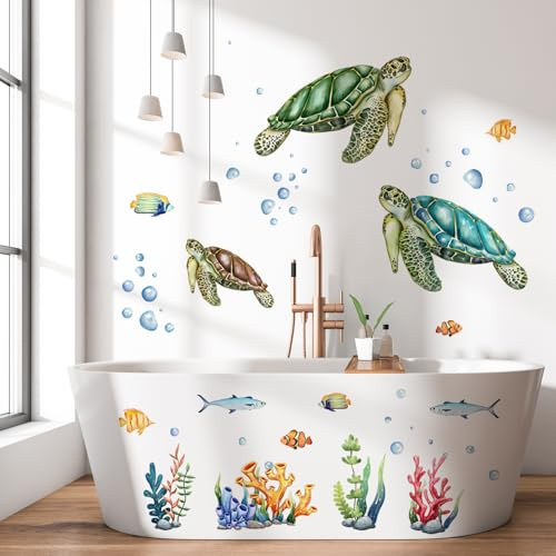 WandSticker4U®- Wandtattoo Badezimmer SCHILDKRÖTE I Wandbild: 90x76 cm I Fliesenaufkleber Bad Unterwasserwelt Meerestiere Deko Meer I Aufkleber Maritim Kinderzimmer Mädchen & Junge