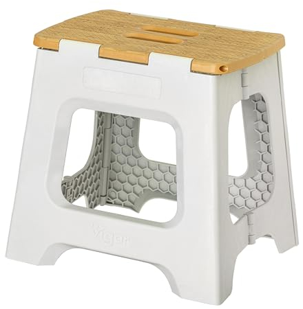 Vigar Taburete Plegable Compacto para Adultos, 32 cm Taburete Plegable Antideslizante para Casa, Dormitorio, Baño, Armario, Oficina, Soporta hasta 150 kg, Gris, Bamboo Print on Top