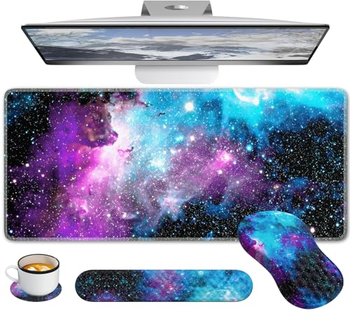 Anyshock Galaxy - Tappetino da scrivania grande, ergonomico con poggiapolsi, poggiapolsi per tastiera, supporto per il polso con combinazione massaggiante, tappetino per mouse per tunnel carpale,