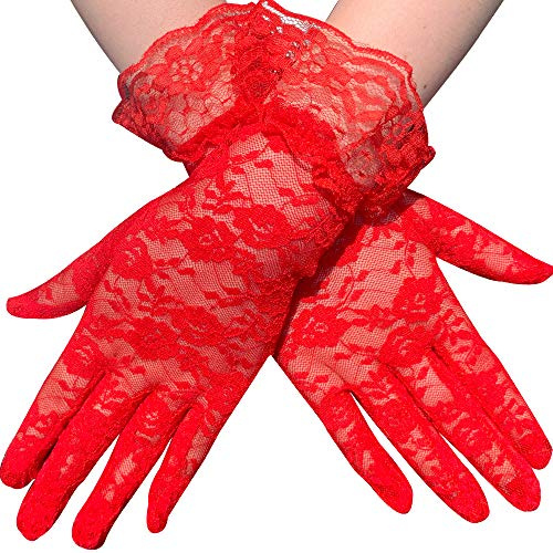 Hrlace Spitzen Kurze Elegant Spitzenhandschuhe Damen Handschuhe Blumenhandschuhe Netzhandschuhe Sonnenschutzhandschuhe für Hochzeit Party und Tee Party Prom Abend Handschuhe Rot