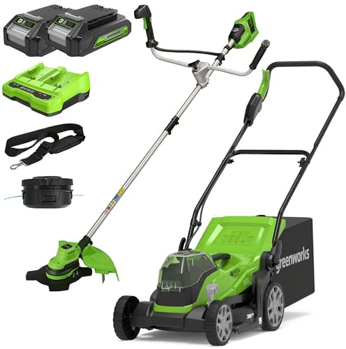 Bundle of Greenworks G24X2LM36 Kabelloser Akku Rasenmäher für Flächen bis zu 420 m²+ Greenworks 24V Akkus & Doppellader Akku Ladegerät - GSK24B2X + Greenworks 48V (2x24V) Akku Freischneider GD24X2BCB