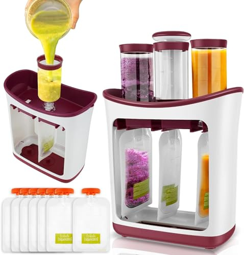 FIYSON Squeeze Station, Exprimidor de zumo de frutas frescas, preparadora de alimentos para bebés con 10 bolsas de almacenamiento, para niños, puré de frutas, para niños, aperitivos, sin BPA