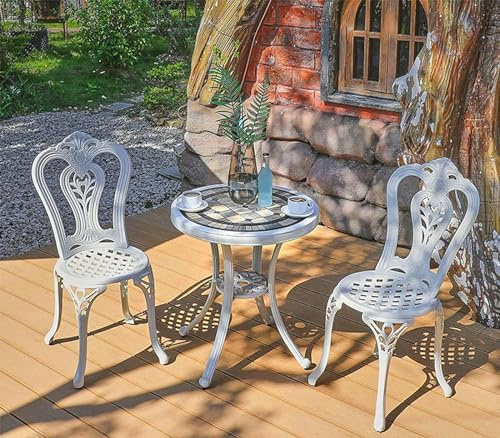 WZUOPG Garden Bench White Cast Aluminium Outdoor Dining Set of 2 Chairs Round Table,Outdoor Garden Furniture for Patio, Terrace, Decking,Durable, Weather Resistant