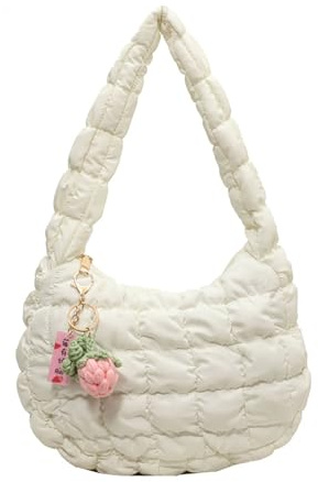 SUNAVY Handtasche Klein Hobo Bag Halbmond Gesteppte Tasche Kleine Umhängetasche Damen y2k Tasche Weiche Faltbare Schultertasche Damen mit Reißverschluss Puffer Tote Bag (Weiß)