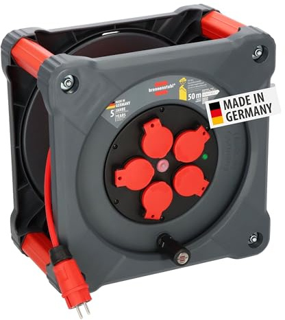 Brennenstuhl Professional Baustellen-Kabeltrommel KA 5110 5 IP44, 50m | BQ-Kabel in rot, 5 Schutzkontakt-Steckdosen, Baustelleneinsatz und ständiger Einsatz im Freien, Made in Germany