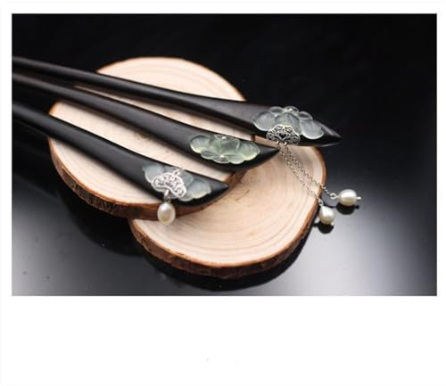 Handmade Wooden Hair Sticks and Hairpins - Chinese Retro Flower Hair Chopsticks with Drop Bead Gemstone 3Pack