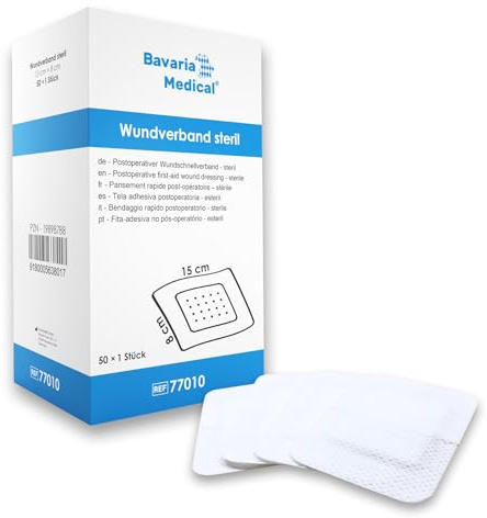 50 Stück Wundpflaster steril 15x8 - steriler Wundverband Pflaster sensitiv - Wundauflage nicht haftend 10x4 cm - Saugstark & Hautfreundlich - Akute Wundversorgung und postoperatives Pflaster