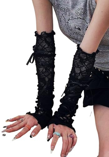 Amazleer Lace Fingerless Gloves, Long Mesh Tulle, Gothic Y2K Ballet Style, for Halloween, Wedding, Bridal, Prom and Party (Black)