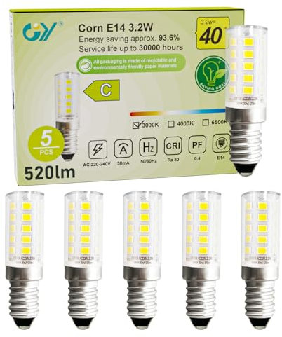 GY Kühlschranklampe E14 LED Warmweiss Birne, 3000K LED Lampe, 3,2W Glühbirne E14 ersetzt 40W lampen, 520LM, Kein Flackern Maiskolben Lampen Nicht Dimmbar, 5 stück