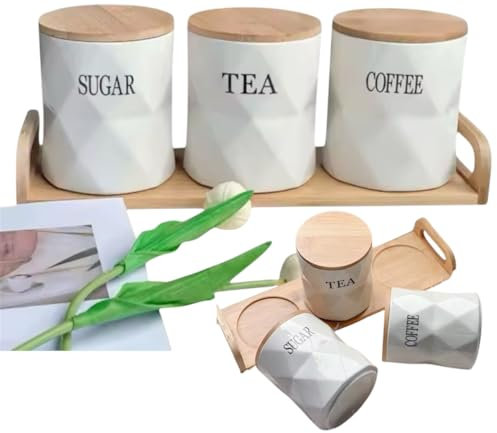 Home & Treat 3 Pcs White Ceramic Sugar, Coffee, and Tea Canisters Set with Airtight Bamboo Lids – Multipurpose Food Storage Jars for Kitchen Countertop