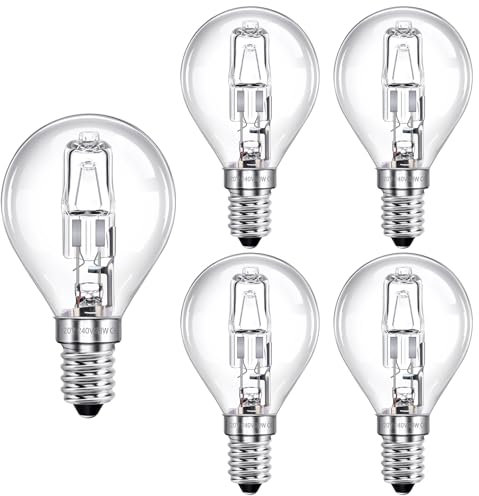 SCNNC E14 G45 Halogenlampe 28W Dimmbar 230V, Halogenlampe E14 28W Warmweiß 2700K, Halogen Classic Klar G45 E14 Tropfenform Halogen für Deckenleuchte, Wandlampe, Stehlampe, 5 Stück