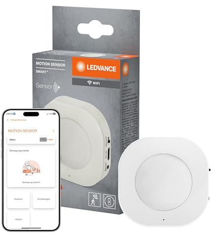 LEDVANCE SMART WIFI Détecteur de mouvement intelligent pour maison intelligente, intérieur et extérieur, sans fil, blanc, contrôle via app, batterie rechargeable et chargement facile via USB-C