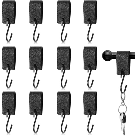 ROOMHUAWAY 12 Stück Schwarz S Haken mit Lederschlaufe, Haken zum Einhängen, Kleiderstange Garderobenhaken Kleiderhaken AufhäNgehaken, Leder Fleischerhaken