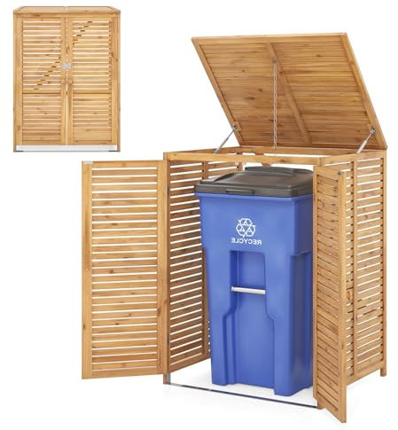 LIFEZEAL Contenitore per bidoni della spazzatura in legno, 120 l, con coperchio aperto, porte doppie e chiavistello, copertura per bidoni della spazzatura per esterni