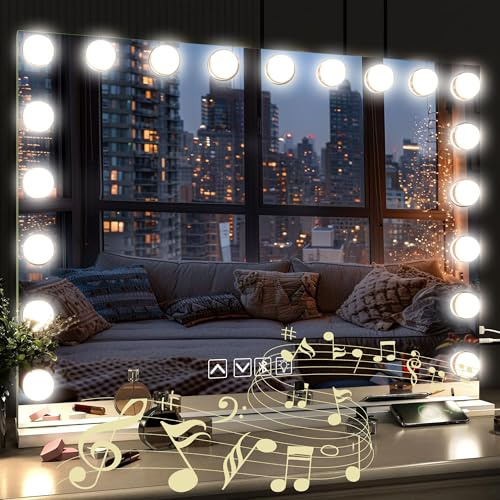 Habison Hollywood Spiegel 80 x 60 cm Mit Bluetooth Mit 19 LED Lampen, Schminkspiegel Mit USB Ausgang Und 5 Facher Vergrößerung Bluetooth Kosmetikspiegel, 3 Farbtemperatur Licht, Touchscreen