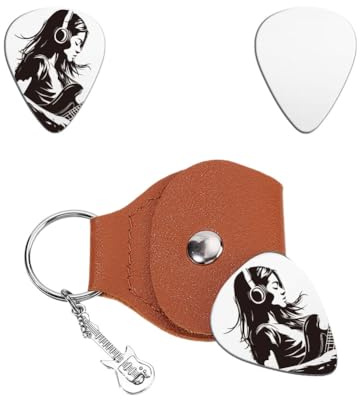 UNICRAFTALE Rock Gitarrenplektren Für Frauen Geschenke Schlüsselanhänger Einseitig Graviert Edelstahl Musiker Gitarrenplektrum Mit PU Lederhülle Plektrum Gitarren Set Für Gitarrenspieler Geburtstag