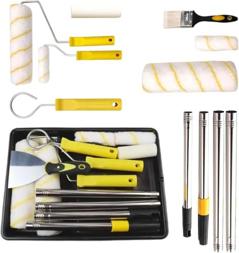 Paint Roller Set Paint Rollers and Trays Sets with Extension Pole, Microfiber Roller Cover for Painting Walls, Ceiling, Doors, Trim (Yellow)