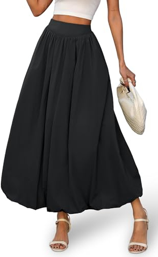 ELLEVEN Womens Bubble Maxi Long Skirt with Pockets Flowy Puffy Hem Elastic Waist Casual Lightweight Balloon Skirt Y2k Elegant Ruffle A-Line Classic Skirt Spring Summer 2026 Black Large