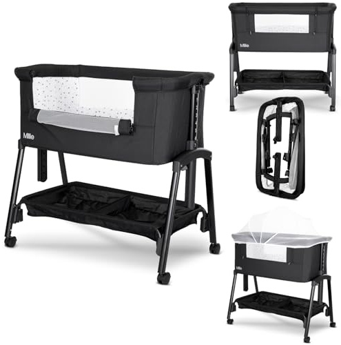 Lorelli Baby Beistellbett Millie, Stubenwagen mit faltbaren Seitenwand, Höhenverstellbares Babybett mit Matratze, Faltbares Zustellbett, Schwarz