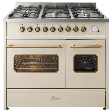 Gurari Gas Standherd 90 cm mit Elektro Doppel-Backofen GCH E 916 Cr R Creme Range Coocker • Erdgas & Propan • 5 Flammen-Gaskochfeld • 90 cm Freistehend Herd in Retro Design