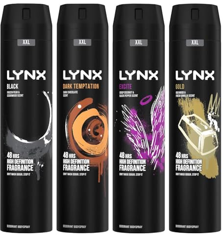 Lynx XXL Body Spray for Men 4 Pack Bundel of 250ml Each in Black, Dark Temptation, Excite & Gold with Long-Lasting Deodorant for 48 Hour Freshness & Irresistible Fragrances