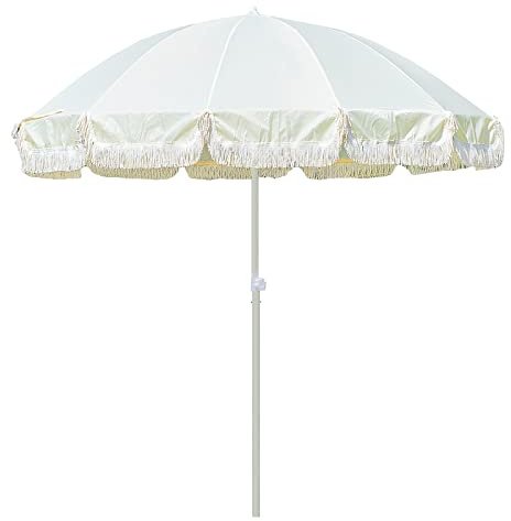 Parasol de plage beige de 210 cm avec frange, protection UV, hauteur réglable, 12 baleines, parasol de jardin portable, poteau amovible, idéal pour les balcons et les activités de plein air
